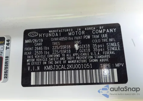 2019 Hyundai Tucson Sel from USA, damaged, VIN KM8J3CAL2KU001051